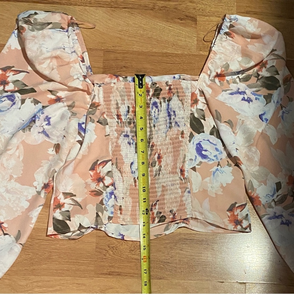Express Floral Print Ruched Puff Sleeve Square Neck Off Shoulder Top Large - Picture 6 of 12